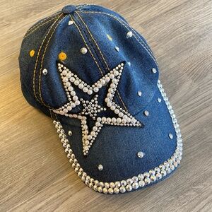 Bedazzled pearl denim baseball cap
